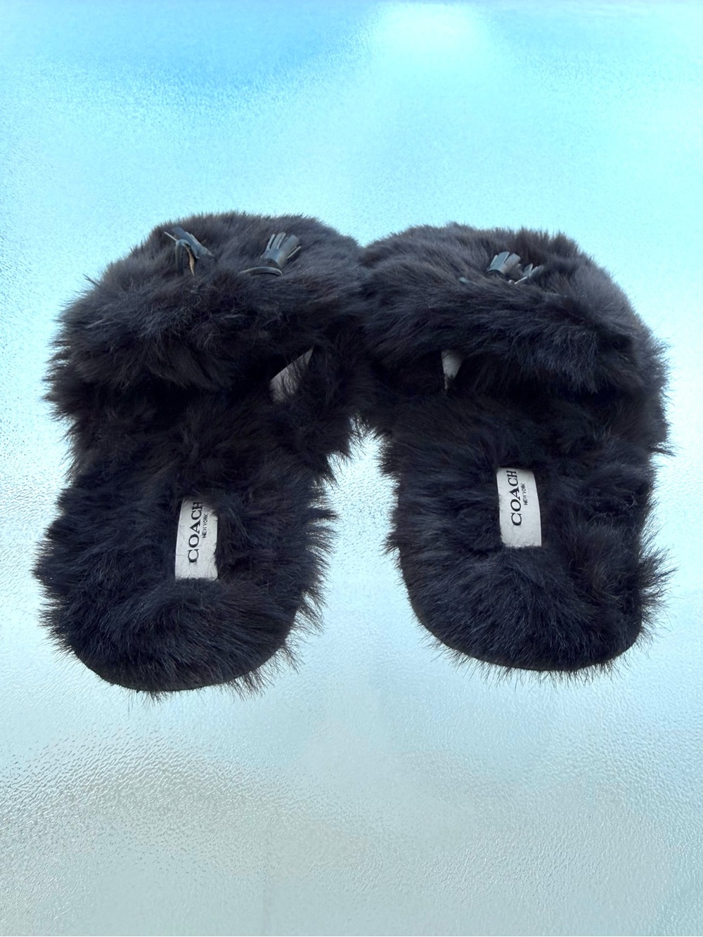 COACH Zoe Black Faux Fur Fuzzy Tassel Peep-Toe Slide Slippers ~ Women’s 7 - Picture 5 of 9